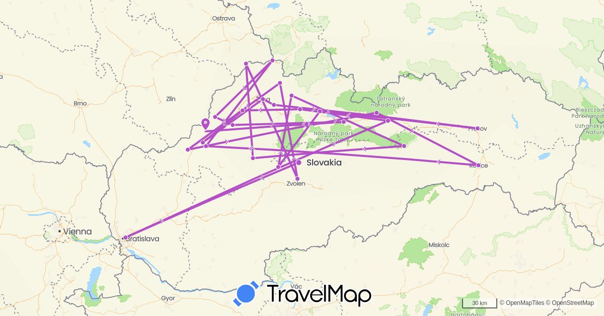 TravelMap itinerary: train in Czech Republic, Slovakia (Europe)